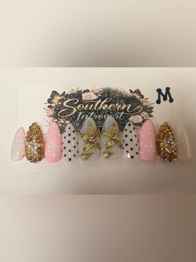 Handmade Gray & Pink Press-On Nails with Gold Floral Accents